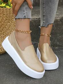 女款時尚金色印花pvc平底休閒運動鞋,秋季運動必備 - 金色 - 查看 2