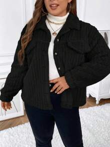 SHEIN Clasi 大碼落肩袖翻蓋細節毛絨夾克 - 黑色 - 查看 5