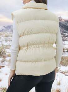 SHEIN LUNE Túi có nắp Eo dây rút Áo gi lê Lông vũ - Màu be - Xem 2