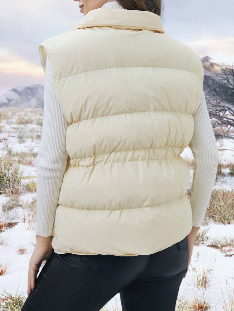 Flap Pocket Drawstring Waist Puffer Vest Coat