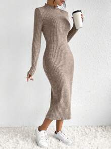 SHEIN Frenchy Vestido De Cuello Falso Bodycon Vestido De Punto Acanalado Bodycon - Caqui - Ver 1