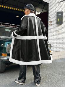 SHEIN EZwear 大碼毛絨內襯PU皮革開門襟外套 - 黑與白 - 查看 2