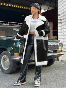 SHEIN EZwear 大碼毛絨內襯PU皮革開門襟外套 - 黑與白 - 查看 4