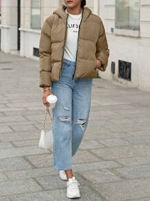 RueChic Zip Up Hooded Puffer Coat - Camel - View 4