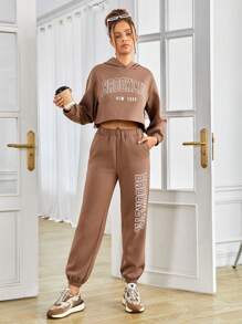 Teen Girl Letter Graphic Drop Shoulder Hoodie & Sweatpants - Mocha Brown - View 3