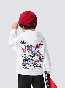 SHEIN 男童休闲街头风趣味可爱字母卡通太空宇航员图案卫衣 - 白色 - 查看 1