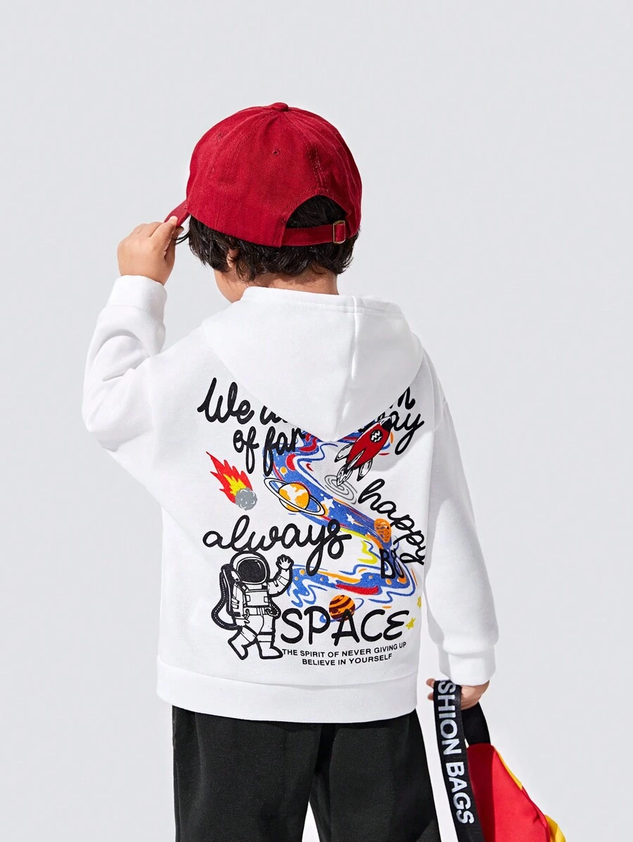 SHEIN 男童休闲街头风趣味可爱字母卡通太空宇航员图案卫衣 - 白色 - 查看 1