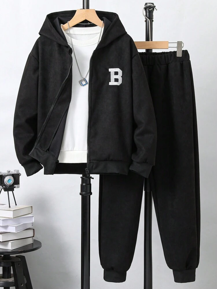 Boys' Simple And Casual Hooded Sweatshirt And Sweatpants Set With Embroidered Letter Design, Autumn