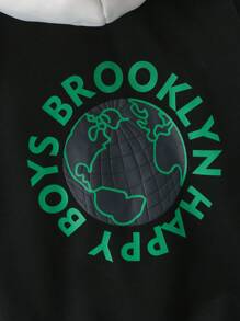 SHEIN Tween Boy 1pc Letter Graphic Contrast Sleeve Thermal Lined Hooded Jacket - Black - View 3