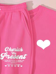 SHEIN EZwear 標語圖案加絨內裏運動衫&腰部抽繩衛褲 - 玫紅色 - 查看 6