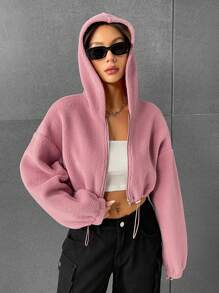 SHEIN EZwear 淺粉色毛茸茸拉繩下擺連帽外套 - 藕粉色 - 查看 1