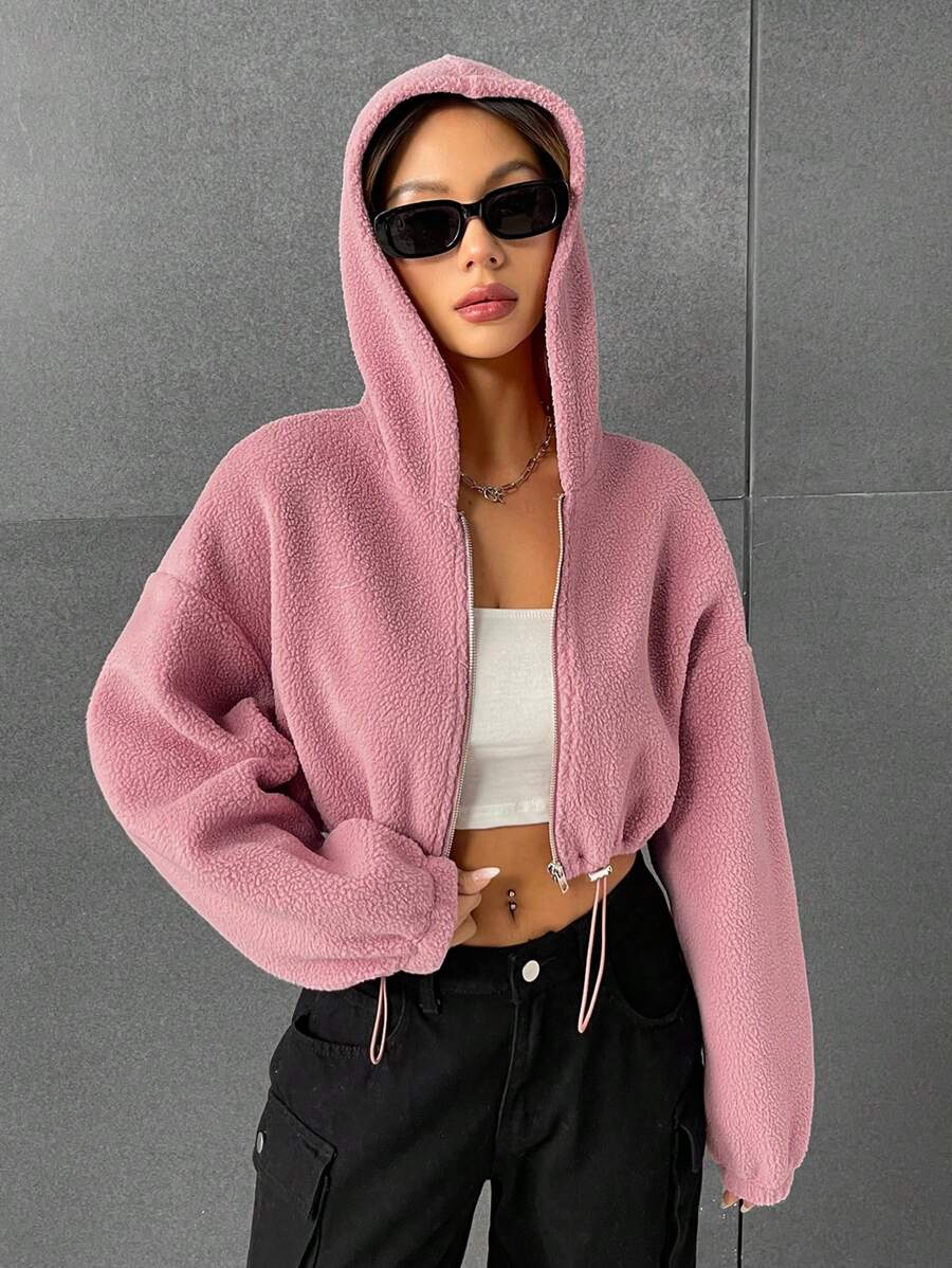 SHEIN EZwear 淺粉色毛茸茸拉繩下擺連帽外套 - 藕粉色 - 查看 1