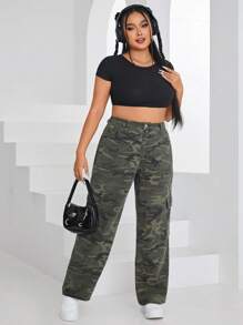 SHEIN EZwear 大碼迷彩印花翻蓋口袋工裝牛仔褲 - 彩色 - 查看 4