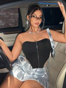 Flirla 女士加大碼露肩拼接流蘇上衣