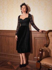 SHEIN DECDS 蕾絲拼接雞心領口A字連衣裙 - 黑色 - 查看 6