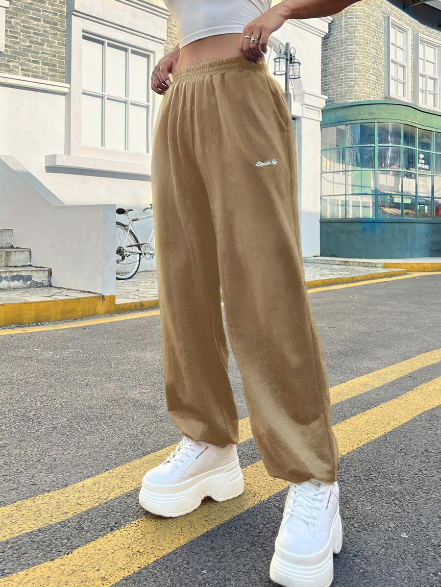 Letter Embroidery Elastic Waist Sweatpants - Khaki - View 1