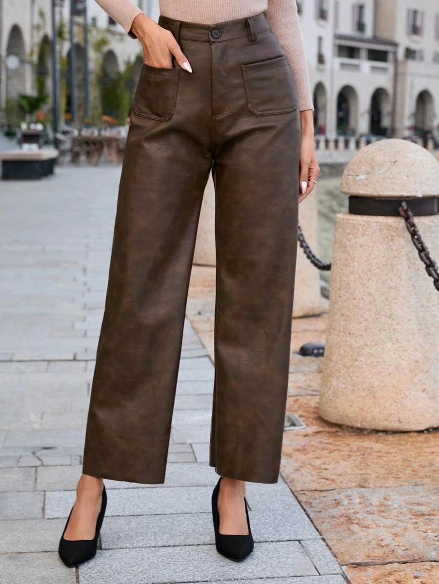 GENKIRA Dual Pocket PU Leather Pants - Coffee Brown - View 1