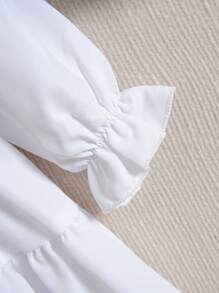 SHEIN Young Girl Flare Sleeve Ruffle Hem Dress & Pearl Beaded Cami Denim Top - White - View 6