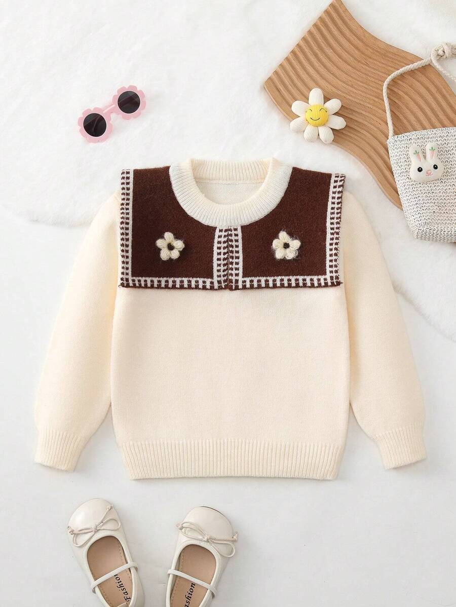 SHEIN Young Girl Floral Appliques Statement Collar Sweater