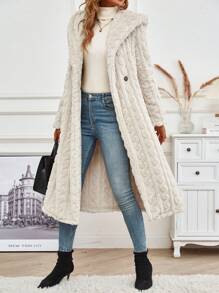 SHEIN LUNE Double Button Hooded Teddy Coat - Apricot - View 3