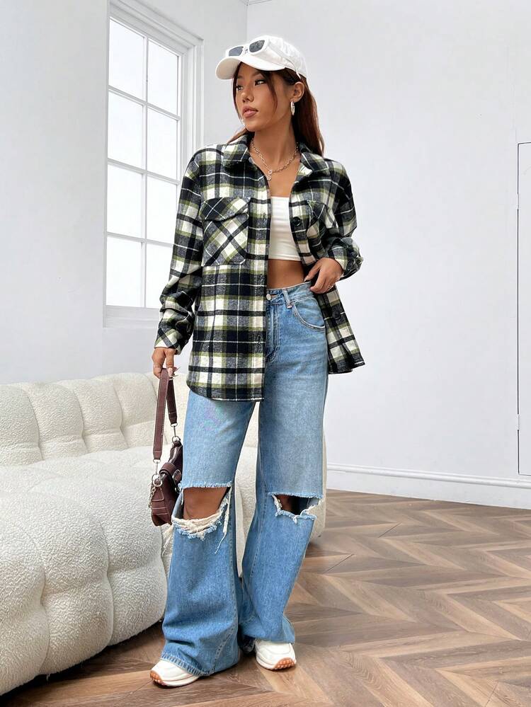Women's Plaid Flip Pocket Woolen Jacket
