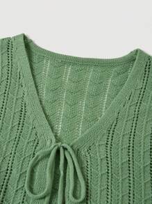 SHEIN MOD Tie Front Scallop Trim Pointelle Knit Cardigan - Green - View 3