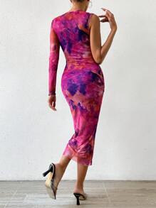 Chiquease Tie Dye Asymmetrical Neck Bodycon Dress - Multicolor - View 2