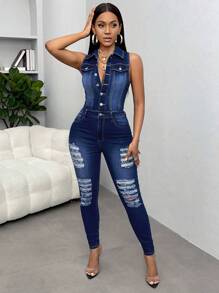 SHEIN SXY Denim Sleeveless Jumpsuit With Distressed Details - Navy Blue - View 5