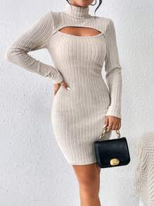 SHEIN LUNE Cắt ra phía trước Cổ giả Váy bodycon - Màu be - Xem 3