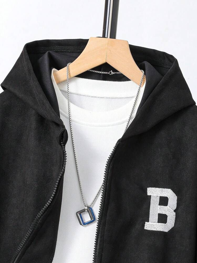 Boys' Simple And Casual Hooded Sweatshirt And Sweatpants Set With Embroidered Letter Design, Autumn