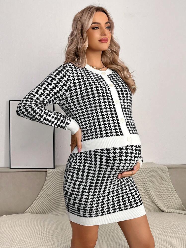 Maternity Houndstooth Print Cami Dress With Jacket, For Winter
