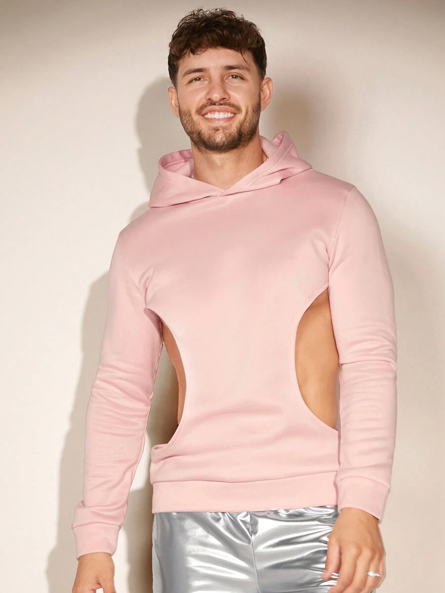 FeverCity Men Solid Cut Out Hooded Sweatshirt - Pink - View 1