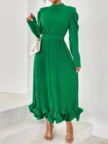 SHEIN Privé Mock Neck Puff Sleeve Ruffle Hem Pleated Ruffle Hem Dress