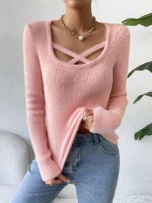 SHEIN Unity 前交叉大圓領毛茸茸套頭毛衣 - 粉色 - 查看 3