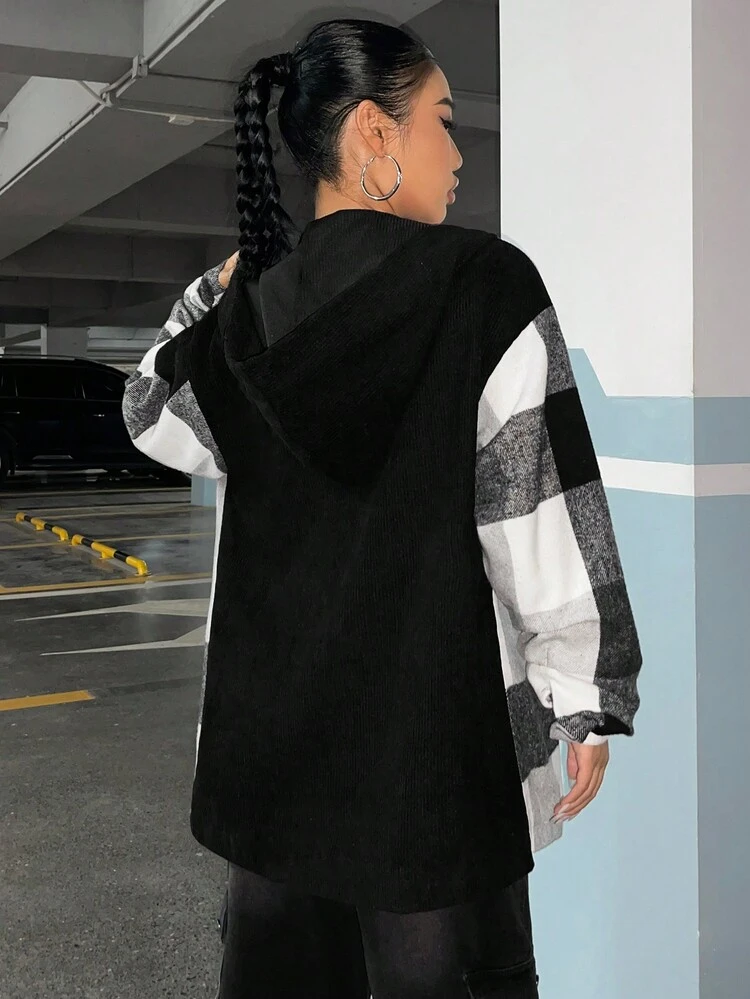 Buffalo Plaid Print Drawstring Hooded Overcoat