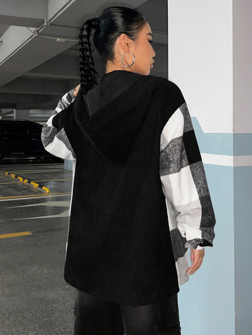 Buffalo Plaid Print Drawstring Hooded Overcoat
