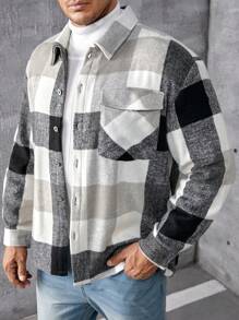Manfinity Homme Men Plus Plaid Flap Pocket Drop Shoulder Shacket