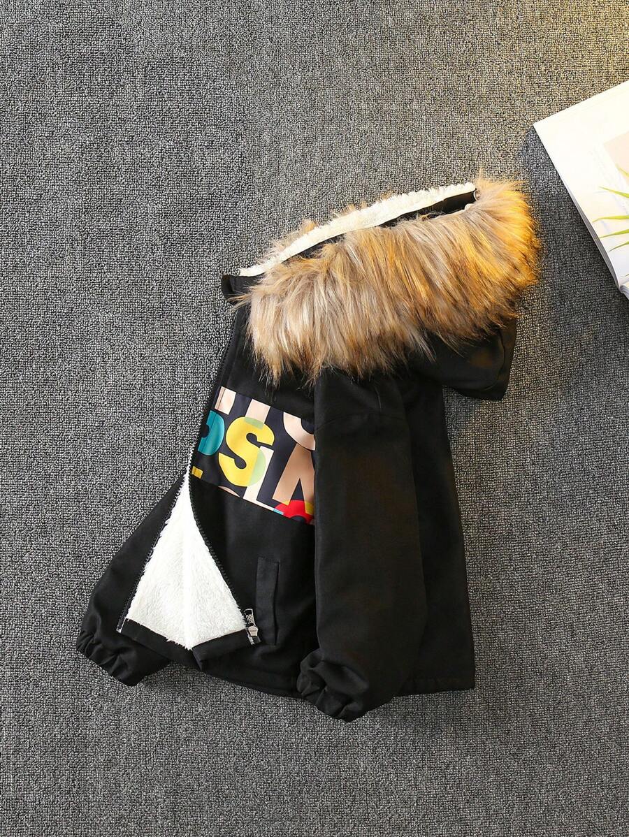 SHEIN Baby Boys' Letter Pattern Thermal Lined Jacket With Fur Collar - Black - View 1