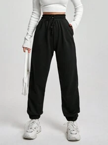 EURMUSE Casual Sports Drawstring Waist Wide Leg Jogger Pants - Black - View 1
