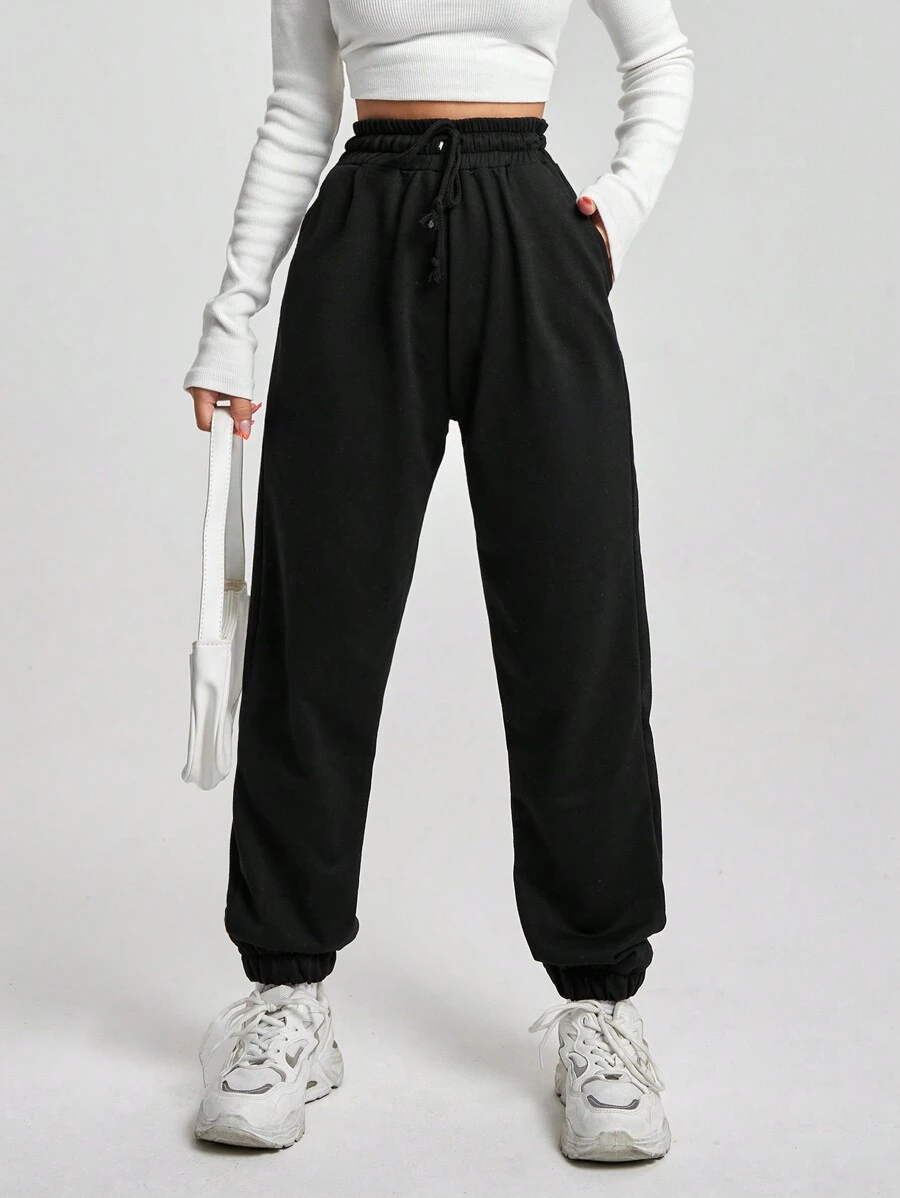 EURMUSE Casual Sports Drawstring Waist Wide Leg Jogger Pants - Black - View 1