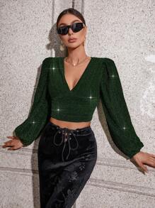 SHEIN Privé Top Manches Bouffantes Court Scintillant