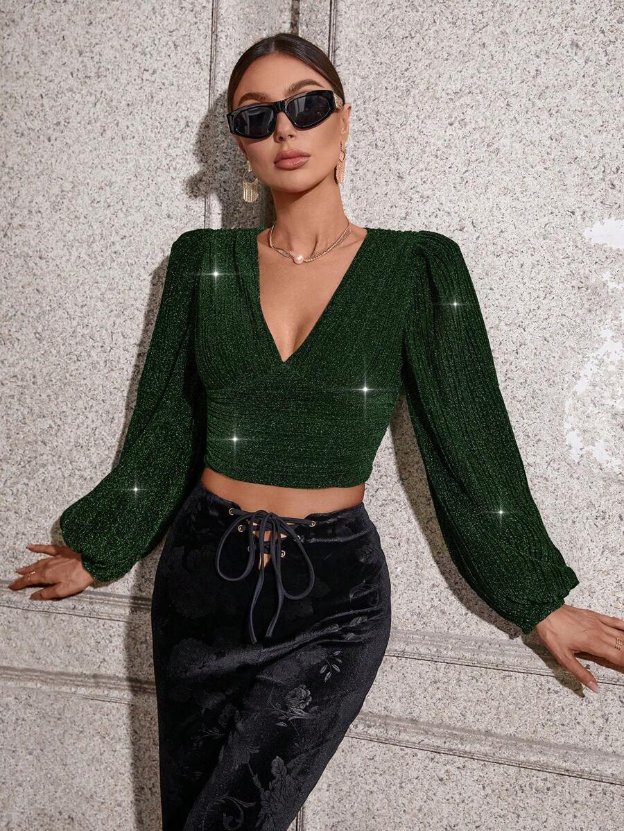 SHEIN Privé Top Manches Bouffantes Court Scintillant