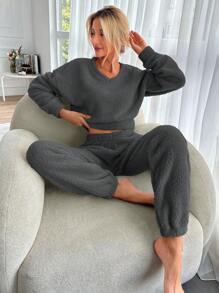 SHEIN Cottnline Pantalones con sudadera de hombros caídos crop teddy - Gris Oscuro - Ver 5