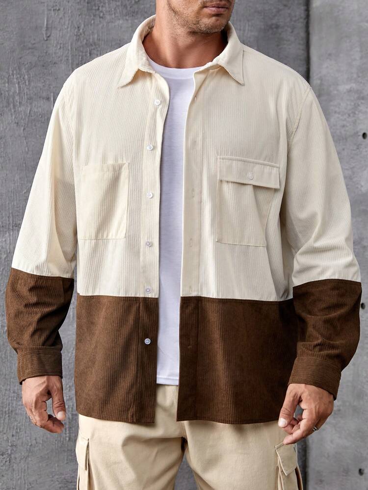Loose Men's Two Tone Flap Pocket Shirt In Plus Size