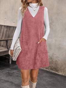 SHEIN LUNE 1 Miếng Túi Kép Cổ v Váy không tay - Hồng - Xem 1