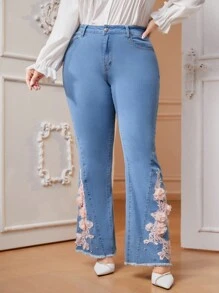 Mulvari Plus Floral Embroidery Appliques Flare Leg Jeans - Light Wash - View 3