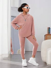 Tween Girl Drop Shoulder Curved Hem Hoodie & Leggings - Dusty Pink - View 3
