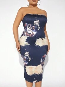 SHEIN Allurite 大碼人像圖案抹胸緊身連衣裙 - 藏蓝色 - 查看 2