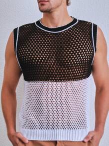 SHE(IN) BRASIL Men Two Tone Striped Trim Open Knit Top - Black and White - View 3