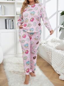 Plus 甜甜圈和心形印花睡衣套装/睡衣套装，秋季服装 - 粉色 - 查看 5